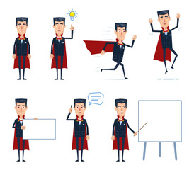 Set of vampire characters posing in different situations. Cheerful vampire standing, pointing up, running, jumping, talking on phone, holding banner. Flat style vector illustration