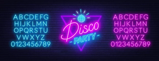 Fotobehang Neon lettering Disco party on brick wall background. Glowing fonts. Template for invitation, card or poster. © TanyaFox