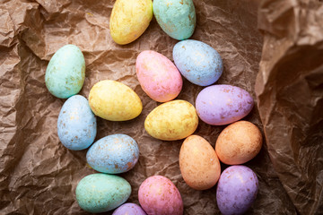 Fototapeta na wymiar Pastel, colorful Easter eggs. Easter spring composition