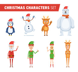 Set of different Christmas characters. Cheerful Santa Claus, elf, reindeer, penguin, polar bear, snowman. Flat style vector illustration