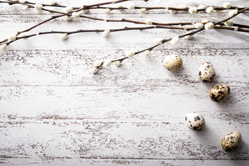 Easter, quail eggs and willow branches on a wooden background