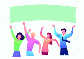 Jumping people. Energetic excited guy jump friends rejoice group teens crowd young happy students happiness vector flat concept