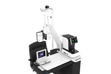 Workplace of an ophthalmologist with phoropter, ophthalmic testing device machine isolated on white background