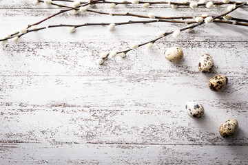 Easter, quail eggs and willow branches on a wooden background