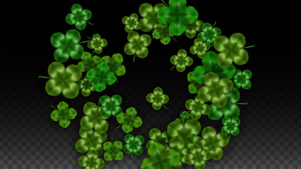 Vector Clover Leaf  Isolated on Transparent Background with Space for Text. St. Patrick's Day Illustration. Ireland's Lucky Shamrock Poster. Invintation for Concert in Pub. Top View. Success Symbols.