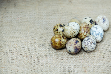 a basket of quail eggs on burlap. village theme