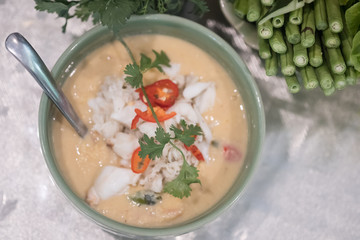 Soya bean dipping sauce with crab in coconut milk