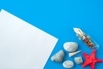 White paper sheets and seashells on a blue background