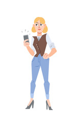 Smart dressing women with smartphone standing  in flat style