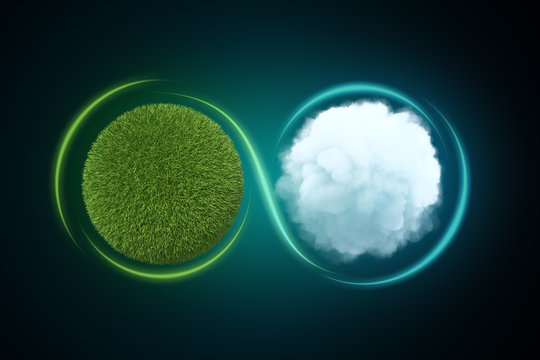 3d rendering of a sphere covered in green lawn next to a white round fluffy cloud with a light line traced around them forming the infinity sign.