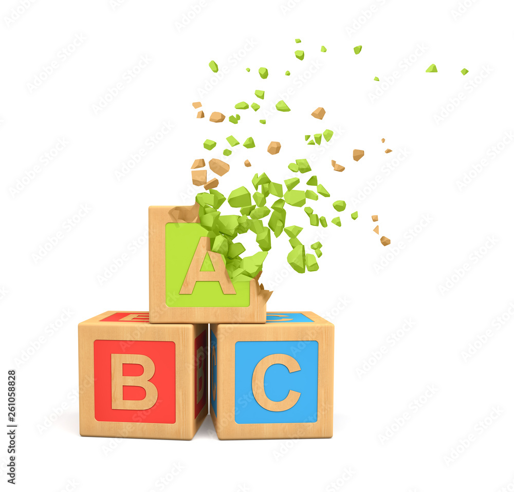 Poster 3d rendering of colorful alphabet toy blocks shattering into small pieces isolated on white backgrou