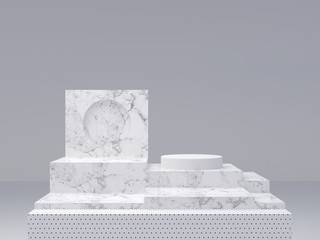 Marble shapes on grey abstract background. Minimal boxes and a cylinder podium. Scene with geometrical forms. Empty showcase for cosmetic product presentation. Fashion magazine. 3d render. 