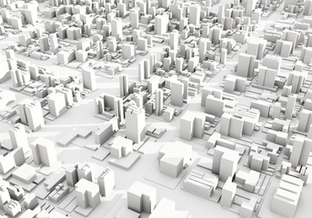 Urban 3D panorama - architectural background illustration. The city center is  residential, business environment. Apartment rental - advertising background with glowing lines of transport.