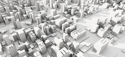 Urban 3D panorama - architectural background illustration. The city center is  residential, business environment. Apartment rental - advertising background with glowing lines of transport.