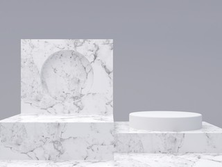Marble shapes on grey abstract background. Minimal boxes and a cylinder podium. Scene with geometrical forms. Empty showcase for cosmetic product presentation. Fashion magazine. 3d render. 