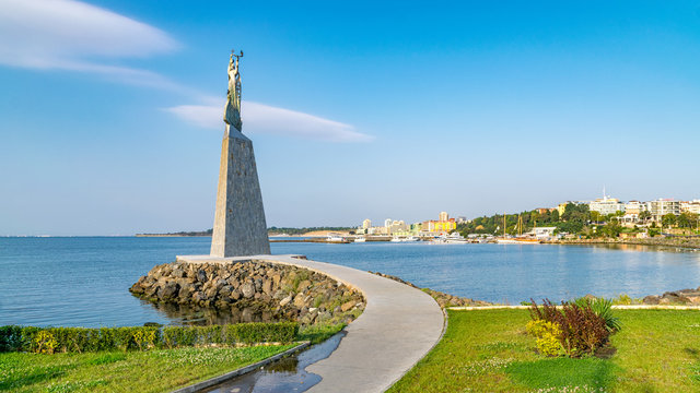 Statue of St. Nicholas in Nessebar ancient city, one of the major seaside resorts on the Bulgarian Black Sea Coast. Nesebar or Nesebr is a UNESCO World Heritage Site. Sunny day with blue sky