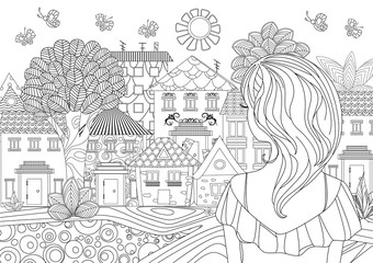 pretty girl looking at cityscape. coloring page