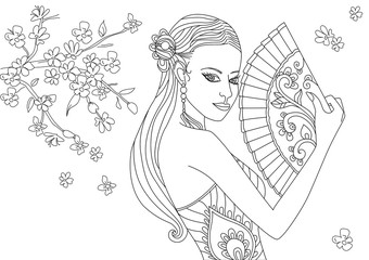 pretty chinese girl with fan in blossom sakura. coloring page