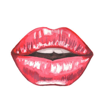 watercolor illustration of bright red lips