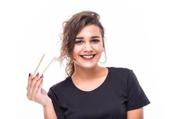 Young beautiful woman holding chopsticks, isolated on white background