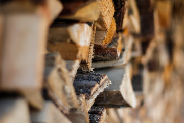 Beautiful countryside view of stacked texture wood.