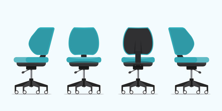 Office chair or desk chair in various points of view. Armchair or stool in front, back, side view. Blue furniture for Interior in flat design. Vector illustration.
