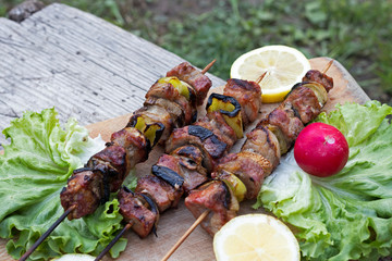 Grilled Pork Kebab with lettuce leaves, radish and lemon over wooden background, Eastern cuisine