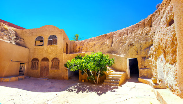 Berber underground dwellings. Troglodyte house. Matmata, Tunisia, North Africa