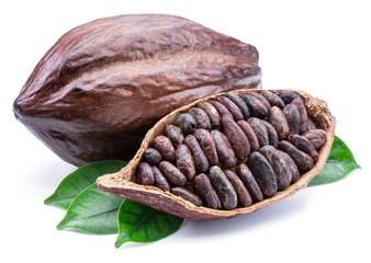 Cocoa pods and cocoa beans -chocolate basis isolated on a white background.