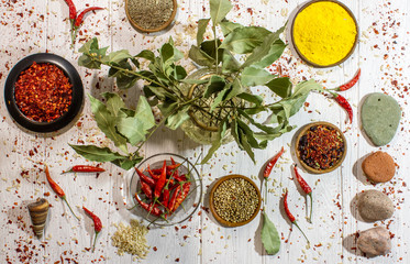 various spices and herbs on white background