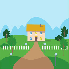 Countryside house flat vector illustration. White fence, green garden. Real estate, property for rent, sale. Contemporary townhouse with panoramic windows. Cottage facade. Family house exterior