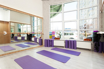 Empty space in fitness center, white brick walls, natural wooden floor and big windows, modern loft...