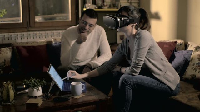 Woman trying virtual reality 3d glasses