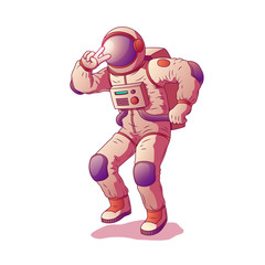 Astronaut or spacemen character wearing space suit showing gesture victory by hand isolated on white background. Cosmonaut posing and giving peace sign, cheering spaceman. Cartoon vector illustration.