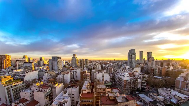 Time-lapse view on the skyline of the city as colorful clouds pass by in the light of the setting sun in Buenos Aires, Argentina.