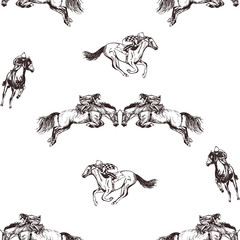 Seamless pattern of hand drawn sketch style jockeys on a horses. Vector illustration isolated on white background.