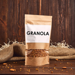 Homemade healthy granola with oats, nuts and honey in a packaging