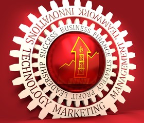 Gas rig icon and rise up arrow. Growth diagram and bar code. 3D rendering