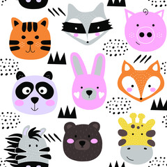 Cute cartoon animals faces seamless pattern. Vector creative texture for kids fabric, apparel, textile, wrapping, wallpaper. Scandinavian childish illustration.
