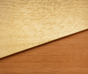 Wooden geometric background brown flat lay, copy space