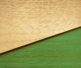 Wooden geometric background green flat lay, copy space