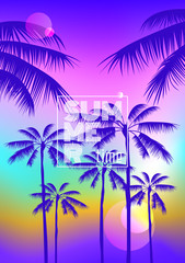 Fototapeta na wymiar summer party poster placard design with palm trees silhouettes on sunset background