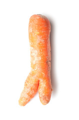 closeup of deformed carrot on white background