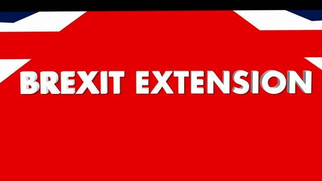 Animated Union jack flag with the word 'Brexit extension&rsquo;. Image represents the recent announcement that the UK and EU agree &ldquo;flexible extension&rdquo; to Article 50  delaying Brexit until 31st October 2019