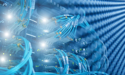 Fiber Optical connector interface. Blurred technology  background blue light. 