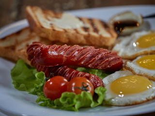 Fried eggs with sausage.