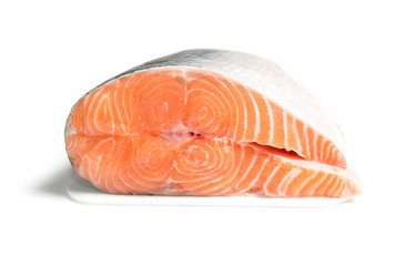 Big slice of fresh salmon. Raw red fish steak. Photo for sale of salmon and trout.