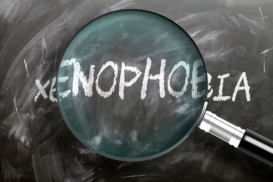Learn, study and inspect xenophobia - pictured as a magnifying glass enlarging word xenophobia, symbolizes researching, exploring and analyzing meaning of xenophobia, 3d illustration