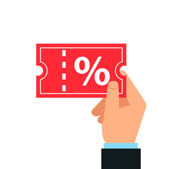 Hand holding discount coupon. Clipart image isolated on white background