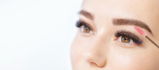 Eyelash Extension Procedure. Close up view of female brown eyes with long eyelashes. Stylist holding tweezers, tongs and making lengthening lashes. Macro, selective focus.